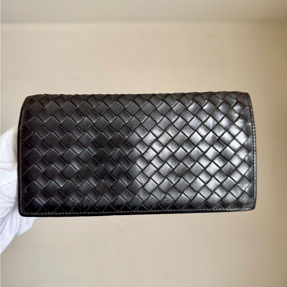 BOTTEGA VENETA Dark Brown Intrecciato Long Flap Wallet - Vintage